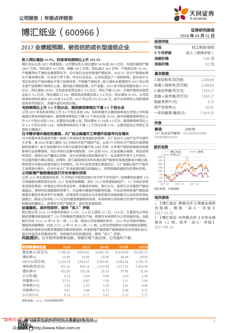 天风证券-博汇纸业-600966-2017业绩超预期被低估的成长型造纸企业-180401(图2)